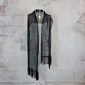 Mix It Scarf Or Wrap Black Sheer Metallic Thread With Fringe 17" X 72"